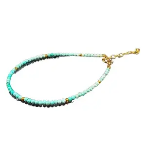 RRJEWELZ Turquoise Round Beaded Bracelet – Faceted 3mm Blue Stones with Gold Lock – 7 Inch Adjustable link Bracelet for Men & Women|LCBR_RR_06540
