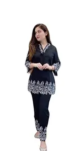 KOMAL KREATION Women's Rayon V-Neck 3/4 Sleeves Heavy Embroidery Dress Cord-Set with Pant (Medium, Black)