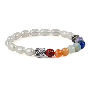 Crystu Natural Pearl Bracelet 7 Chakra with Buddha Head Crystal Stone Bracelet for Reiki Healing and Crystal Healing Stones (Color : Multi)