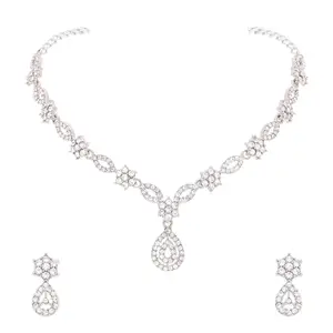 This Silver Polished AD Studded Jewelry Pendant Necklace and earring set is perfect for adding a touch of glamour.(AB_Sparsh-Silver-White)