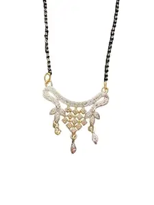 Traditional Mangalsutra Necklace with Crystal Pendant, Black Beaded Chain, Gold-Plated