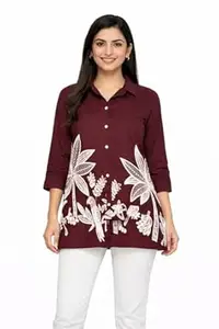 Rayon Collar Wine Top for Women and Girls, White Floral Print, 3/4 Sleeves, Button Front Top