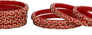 Designer Fancy Party Glass Bangle/Kada Set Of 8 Decorative With Colorful Beads & Stone, Red, Gold (Bangle-QE1.d_bang)