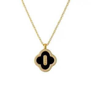 Kozmic Elegant Gold-Plated Clover Pendant Necklace with Black Enamel and Crystal Accents, Chain Included, Minimalist necklace