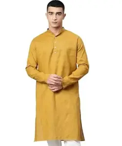 Majestic Man Men's Cotton Regular Fit Casual Mandarin Collar Ethnic Motifs Solid Long Kurta