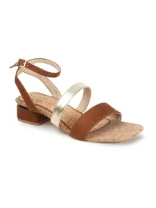 Carlton London Women Brown-Gold Comfortable Block Heel Sandal for Office use, Casual and formal Use (40)