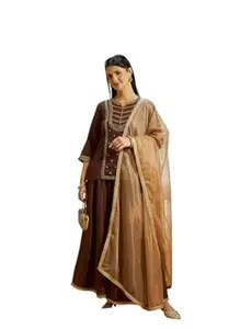 Colors Of Earth Silk Kurti Sharara Set with Dupatta for Women | 3 Piece Embroidery Work Suit Set | Festive Kurti Set