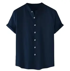 Men's Regular Fit Solid Breathable Stretchable Cotton Casual Shirt Design with Chinese Collar & Half-Sleeve,Blue-S