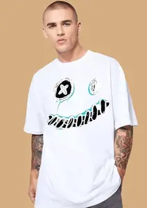 OFFMINT Bw Blue Smiley White Oversized T-Shirts|Loose Men's Tshirt |Casual Wear Tees for Boys (XXL)