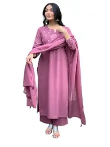 Harviora CraftsWomen's Cotton Floral Printed Straight Kurti With Pant and Dupatta Set (Purple)