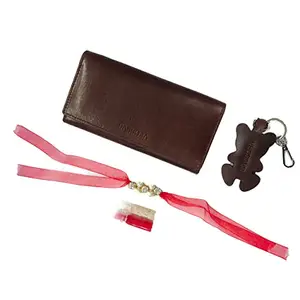 Sassora Brown Genuine Leather Ladies RFID Wallet, Keychain and Rakhi Combo Set(SSRA5 Gift-for Her)