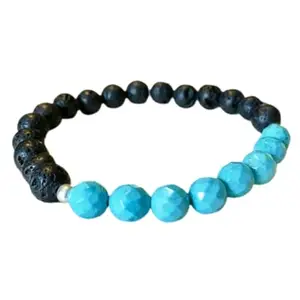 RRJEWELZ Natural Howlite Turquoise & Lava Rock Round Shape Smooth & Faceted Cut 8mm Beads 7.5 inch Stretchable Bracelet for Healing, Meditation, Prosperity, Good Luck | STBR_04262