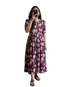 Prajapati fashion Women's Cotton Blend Maxi Midi Dress Western Dress for Women Elegant Floral Printed Long Dresses