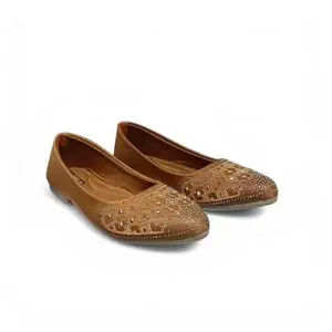 Stone Work Anti Skid TPR Sole Flat Women Bellies for Party, Wedding and Casual wear with Memory Foam Comfort (Tan Brown, UK Footwear Size System, Adult, Women, Numeric, Medium, 7)