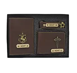 CUSTOMISE STUDIO Men Vegan Leather Wallet Passport Cover Keychain Mini Combo - Brown