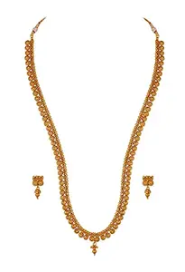 JFL - Jewellery for Less Gold Plated Traditional And Unique Floral Designer Long Haram Necklace Set with Adjustable Thread.