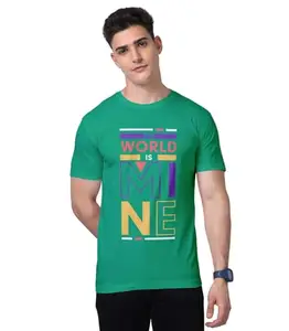 Print My Fashion Men's T-Shirt Regular Fit Round Neck Half Sleeve Combed Bio-Washed Cotton World Mine Motivational Graphic Printed T Shirt for Men (Green, M)