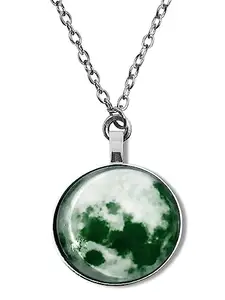 De-Ultimate Stainless Steel Romantic Glow in the Dark Rising Jungle Green Moon Handmade Crystal Glass Dome Lunar Eclipse Alloy Luminous Pendant Locket Necklace With Chain