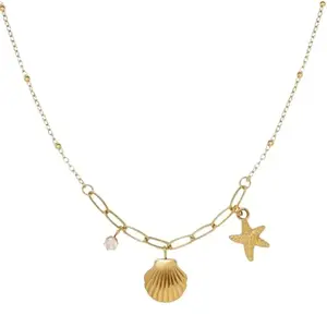 18K Gold Plated Beach Charm Necklace for Women | Shell & Starfish Pendant | Dainty Waterproof Anti-Tarnish Hypoallergenic Jewelry Gift
