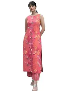 Pinkmint Women’s Pure Cambric Cotton Kurta Set | Sleeveless Printed Kurta with Pant | Summer Wear Co-Ord Set | Plus Casual