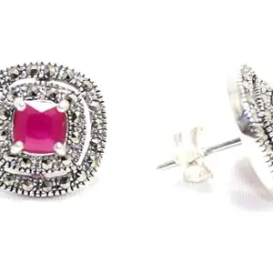 Rajasthan Gems Stud Earrings Tops 925 Sterling Silver Red Onyx & Marcasite Gem Stone Women Handmade Gift G687