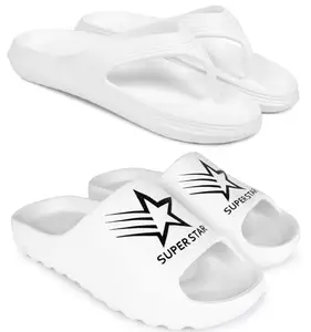 Pampy Angel Combo Pack of 2 Slipper/Flip Flops/Slides/Clogs/Sandals with Adjustable Back Strap for Men,(V-Evafeet-White,Y-Sstar-White),8 (UK/India)
