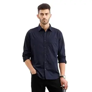 WROGN Men's 100% Cotton Shirt | Solid Navy | Regular Fit | Full Sleeve
