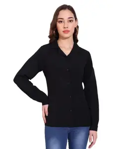 FITHUB Stylish Western Latest Solid Pattern Full Sleeve Regular Fit Cuban Collar Formal Shirts for Women Office Wear Black