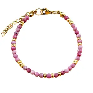 RRJEWELZ Rhodonite Round Beaded Bracelet – Faceted 3.5mm Multicolor Stones with Gold Lock – 7 Inch Adjustable link Bracelet for Men & Women|LCBR_RR_05826