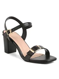 Bruno Manetti Women's Black Slipon Back Strap with Upper Buckle Heels Sandal