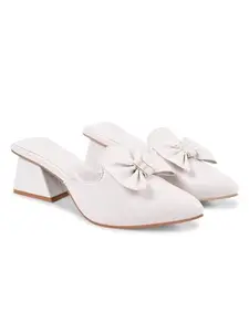 JM LOOKS Women's Bow Low Heels Mules Fashion Closed Pointed Toe Backless Slip on Comfortable Block Heel Pumps Sandals for Party Prom Date Wedding Dressy Slides - Cream