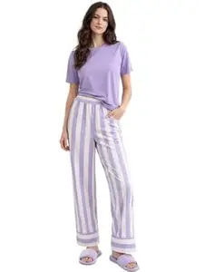Celary Women’s Cotton Blend Lounge Set | Half Sleeve Relaxed Fit Top with Striped Wide Leg Pants |Also Available in Plus Size | Soft & Breathable Night Suit | Elastic Waist Pajama Set for Women