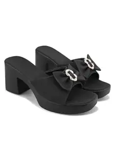 SELFIEE Women's Comfortable Stylish Bow Detail with Crystal Stone Textured Block Heel Sandals