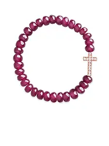MINUTIAE Stylish Catholic Holy Cross Charm Beads Prayer Bracelet for Girls/Women - Maroon | Elastic Stretch Cord Christian with Natural Gemstone Crystal Beaded Religious Jewellery