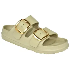 AJANTA Impakto Women's Classic Cushion Sliders/Slippers with Adjustable Buckle Strap | LightWeight | Stylish & Anti-Skid| Waterproof & Everyday Flip Flops Ladies/Girls (Beige)