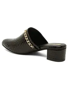 Bruno Manetti Women's Black Slipon Back open Pointed Toe Upper Gold Chain Patent Comfort Heels