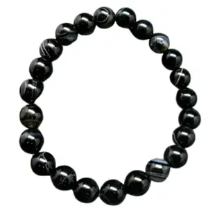 RRJEWELZ Natural Black Agate 8mm Round Shape Smooth Cut Beads 8 Inch Stretchable Bracelet For Men & Women. Unisex Bracelet For Healing, Meditation, Prosperity, Gift & Luck|STBR_RR_10156_8.0