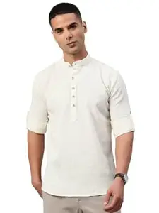 Majestic Man Men's Pure Cotton Solid Mandarin Collar Slim Fit Roll-Up Sleeves Short Kurta