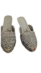ZS Fashion Women's Embellished Floral Lace Mules – Grey Rhinestone Studded Slip-On Flat Sandals, Stylish Ethnic & Footwear