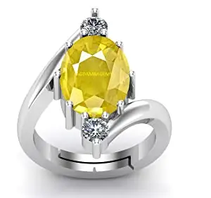 JAGDAMBA GEMS 14.00 Carat Yellow Sapphire Stone Adjustable Ring Original and Certified Natural Pukhraj Unheated and Untreated Gemstone Free Size Anguthi for Men and Women