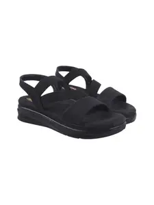 Shoetopia Women's Comfortable Black Sandals with Elastic Straps – Lightweight Wedge Heel, Open Toe, Slip-On Casual Footwear EU39