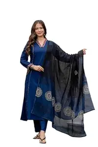 MEERA FAB Women Floral Printed Pure Cotton Straight V-Neck Kurta with Palazzos & Dupatta