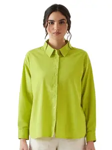 The Souled Store Solids: Moss Green Women Oversized Fit Full Sleeves Cotton Linen Boyfriend Shirts Casual Button-Down Half Sleeve Printed Graphic Short Sleeve Casual