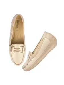 Shoetopia Upper Buckle Detailed Beige Loafers for Women & Gilrs-EU39