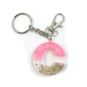 Handmade Resin Keychain by LFF by Soniya Themed in Dried Natural Flowers / Glitters /Stones / Gold-Silver-Copper Flakes Filled for Men and Women - Letter "C" (Design#11)