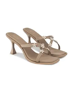 JM LOOKS Women's Square Open Toe Summer Heels Mules Embellished Cross Strap Slip-on 2.5 Inch kitten Heeled Sandals Wedding Party Heel - Beige