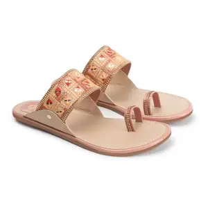 Ladies Hub Kolhapuri Chappal for Women – Stylish Slip-On Sandals, Comfortable Flat Heels Slippers, Peach-8UK