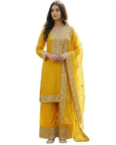 JIYA'S Collection Women Eid Special Fendy Silk Embroidered Kurta Palazzo Set with Dupatta