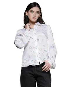 SIRIL Satin Printed Regular Fit Shirt for Women (609STK10961-S_White)