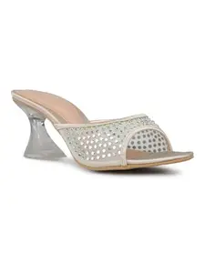 Inc.5 Women Gold Party And Club Wear Embellished Square Spool Heel Mules Euro-35